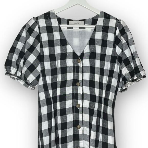 LOFT Gingham Plaid Linen Rayon Button Up Dress Black White V-Neck Women’s Size 2 - Picture 4 of 10